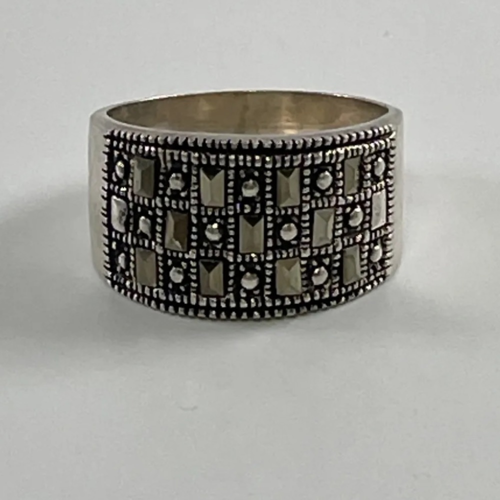 Signed C^A Vintage Marcasite Geometric Sterling Silver Wide Ring‎ Size 8